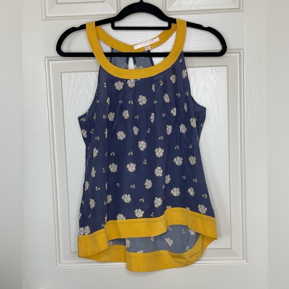 Jenny Han blue and yellow floral 100% silk sleeveless high low blouse | M